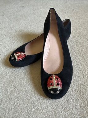 Kate Spade New York Wendy jeweled ladybug ballet flats in black suede sz 6.5